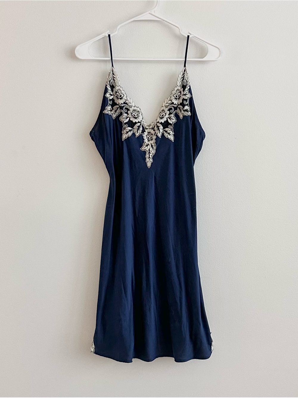 SilkSilky Navy Blue Floral Lace Trim Silk Slip Mini Dress Size L